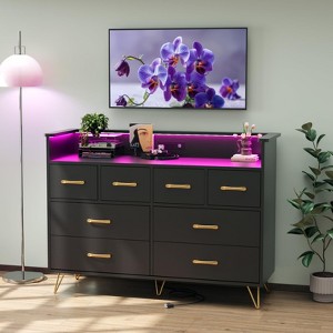 8 Drawer Dresser, Modern Dresser for Bedroom with Led Lights and Charging Station, Wooden Chest of Drawer with Open Space - 1 of 4