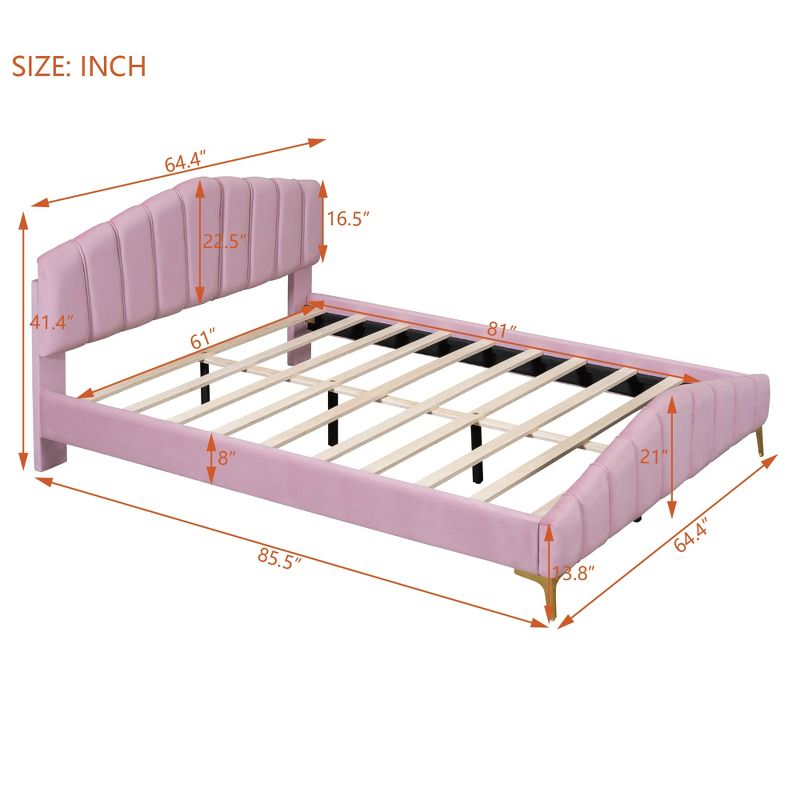 Queen Size Velvet Platform Bed with Stylish Stripe Decorated Bedboard and Elegant Metal Leg - ModernLuxe, 3 of 13