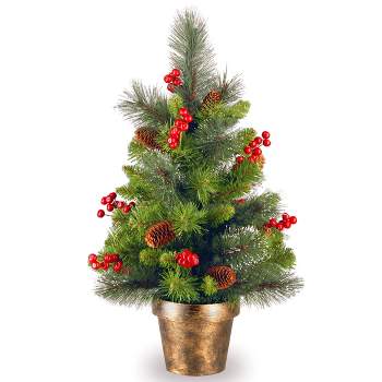 National Tree Company 2 ft Unlit Artificial Mini Christmas Tree, Green, Crestwood Spruce, with Pine Cones, Berry Clusters, Frosted Branches