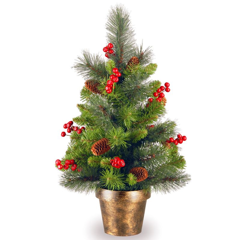 National Tree Company 2 ft Unlit Artificial Mini Christmas Tree, Green, Crestwood Spruce, with Pine Cones, Berry Clusters, Frosted Branches, 1 of 6