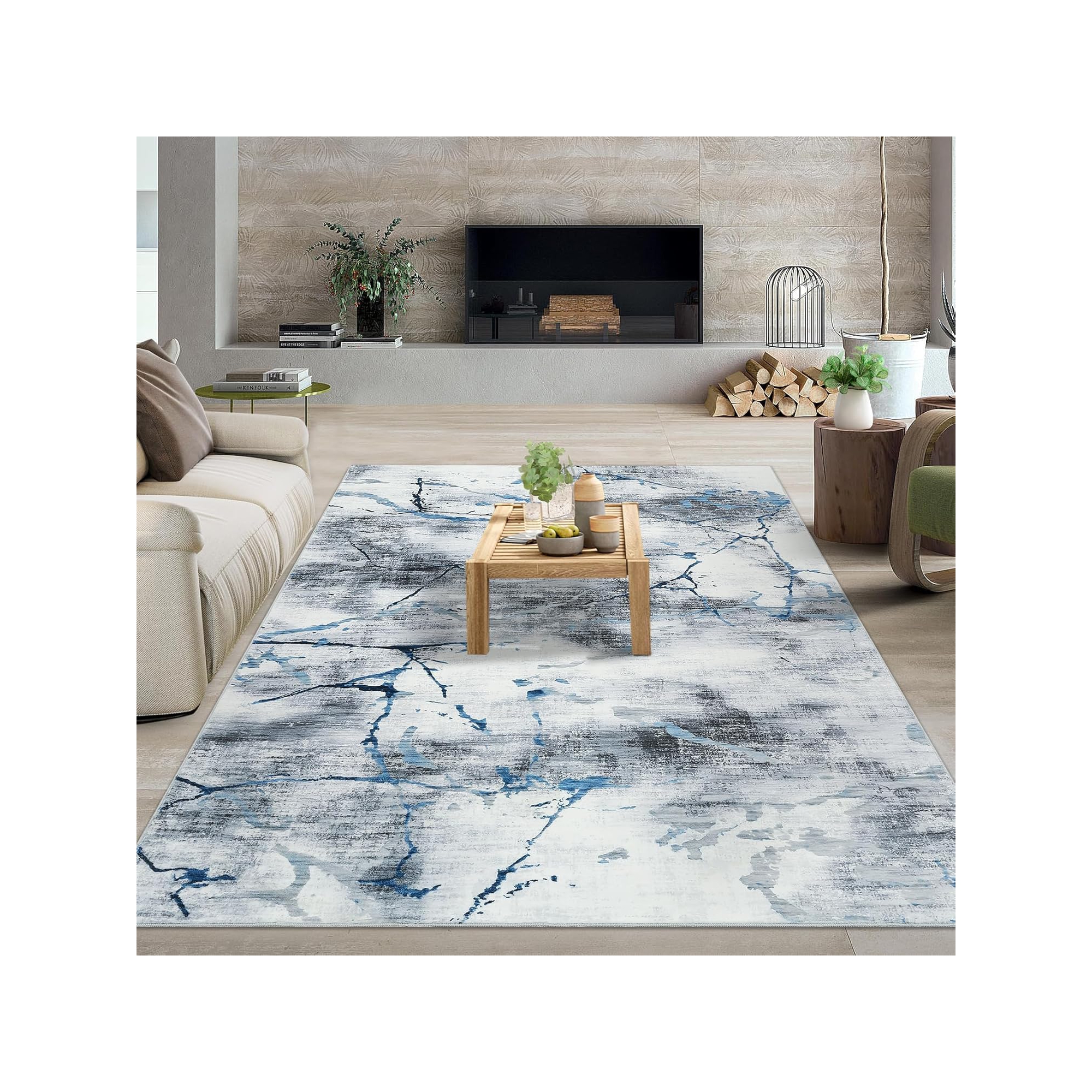 9*12FT Machine Washable Modern Abstract Rug - Non-Slip Low Pile Carpet for Living Room, Bedroom, Office & Dining Room