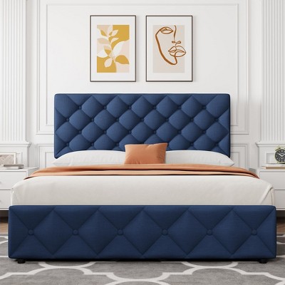 Full/Queen/King Size Bed Frame with 4 Storage Drawers, Faux Leather Upholstered Platform Bed Frame with Adjustable Headboard
