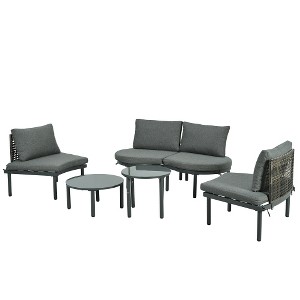 Ridstar 6-Piece Crescent-Shaped Outdoor Patio Sofa Set with 2 Tiered Coffee Tables, 4 Pillows & Cushions for Backyard & Garden-Gray - 1 of 4