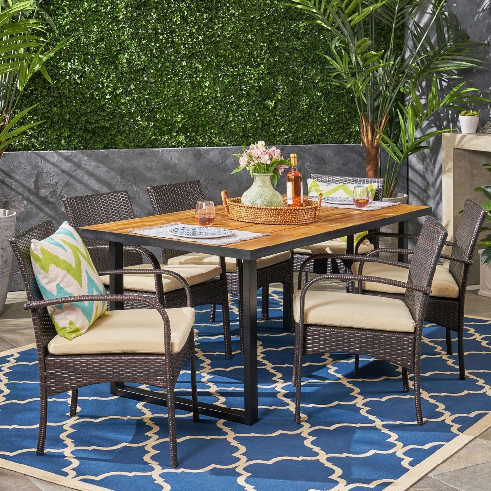 Heron 7pc Rectangular Acacia Wood &Wicker Dining Set Teak Brown Christopher Knight Home
