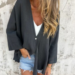 Womens Oversized Solid Color Shirts V Neck Open Front Tops Long Sleeve Buttons Cardigan - 1 of 2