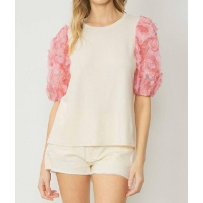 Women's Ribbed 3d Floral Sleeved Top - entro