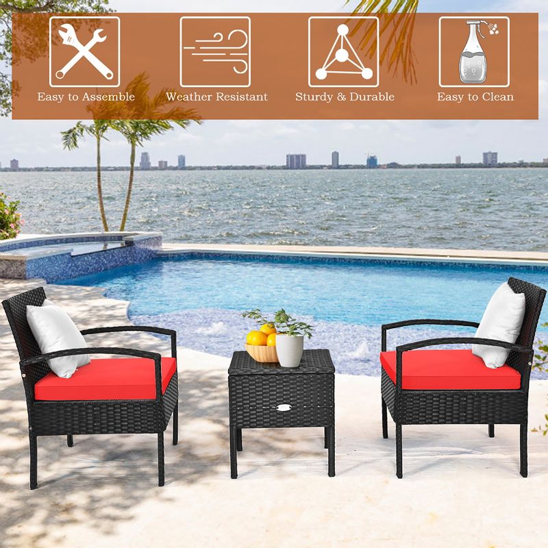 Costway 3PCS Patio Rattan Furniture Set Storage Table Cushioned Sofa Deck Red\Turquoise\White, 5 of 13