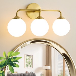 POWLIG 18.89-in 3-Light Gold Bathroom Vanity Lighting with Milk White Glass Globe Shades - 1 of 4