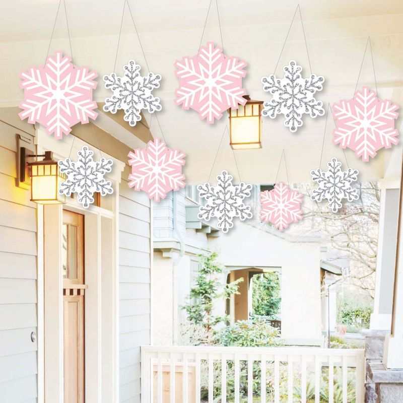 Big Dot of Happiness Hanging Pink Winter Wonderland - Outdoor Snowflake Birthday Party or Baby Shower Hanging Porch & Tree Yard Decor - 10 Pieces, 1 of 8