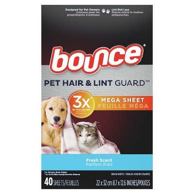 Bounce Pet Hair and Lint Guard Mega Dryer Sheets with 3X Pet Hair Fighters, Fresh Scent, 40 Count