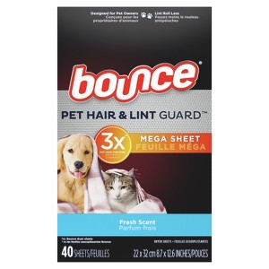 Bounce Pet Hair and Lint Guard Mega Dryer Sheets with 3X Pet Hair Fighters, Fresh Scent, 40 Count - 1 of 4