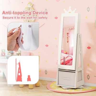 White MDF Kids Jewelry Armoire Cabinet with Mirror and Storage