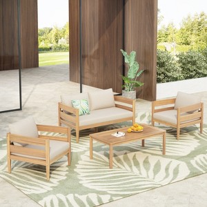 Christopher Knight Home Jacinda 4 Piece Ourdoor Rustic Upholstered Seating Set with Slat Design - 1 of 4