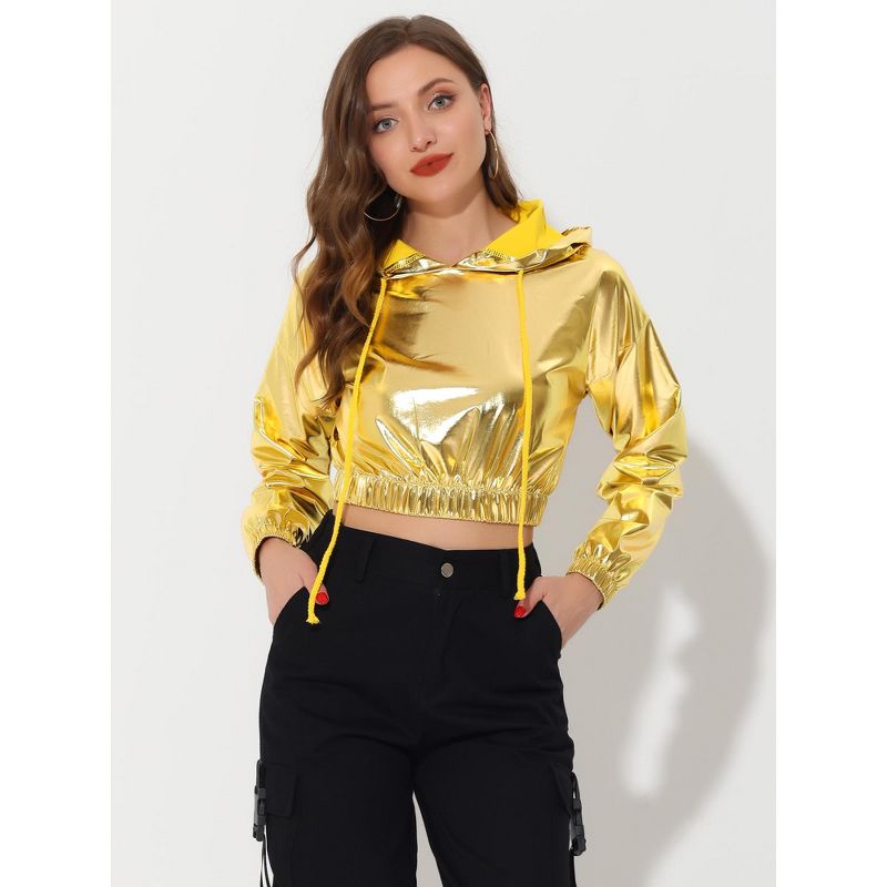 Allegra K Women's Crop Hoodies Holographic Shiny Metallic Sweatshirts, 3 of 6