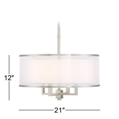 Elegant Brushed Nickel 23" Drum Pendant with Silver Organza and White Linen Shade