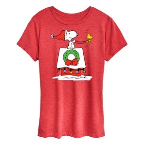 Women's - Peanuts - Snoopy and Woodstock House Sleigh Short Sleeve Graphic T-Shirt - 1 of 4