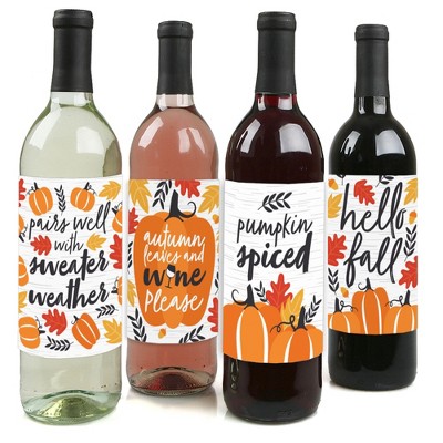 Big Dot of Happiness Fall Pumpkin - Halloween or Thanksgiving Party Decorations for Women and Men - Wine Bottle Label Stickers - Set of 4