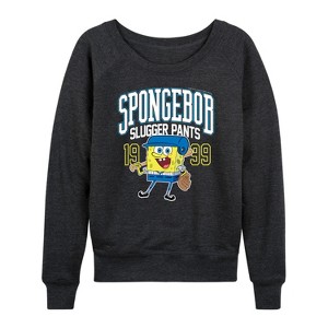 Women's - SpongeBob SquarePants - SpongeBob Slugger Pants Lightweight French Terry Wide Neck Long Sleeve Shirt - 1 of 4