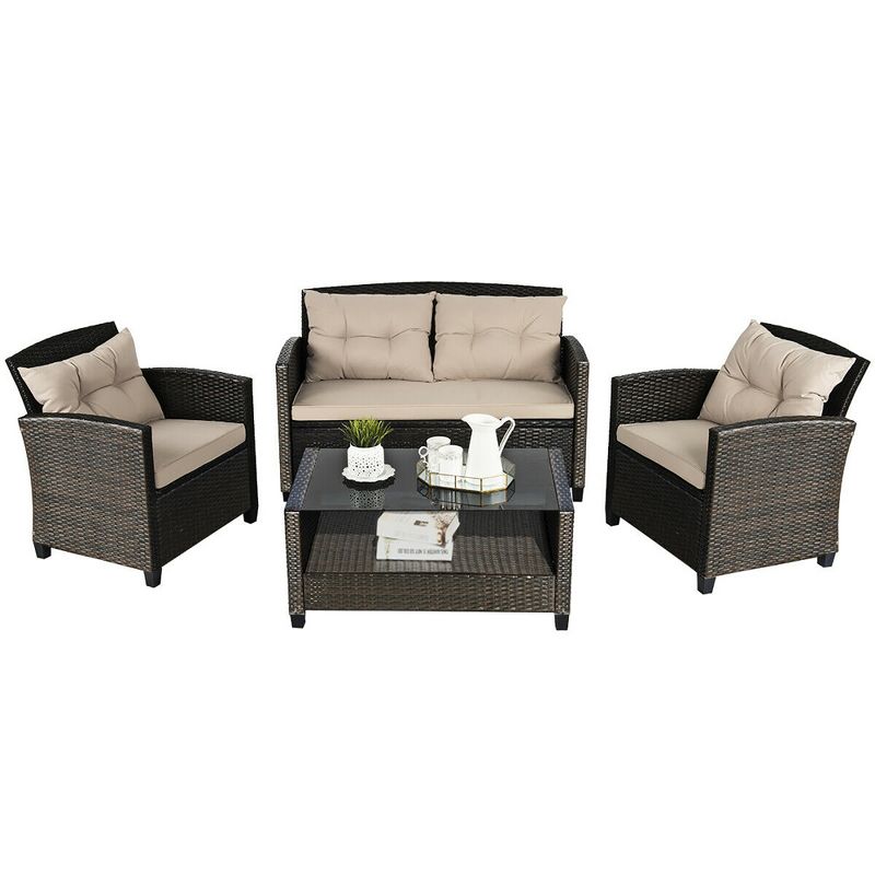 Costway 4PCS Outdoor Rattan Furniture Set Cushioned Sofa Armrest Chair Lower Shelf Brown, 2 of 10