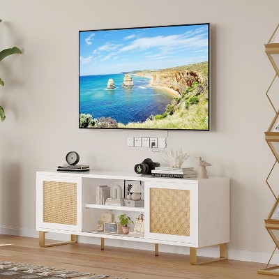 Jojoka Rattan TV Stand Fits TVs Up to 65 Inches, Farmhouse Entertainment Center with Sliding Doors,Brown