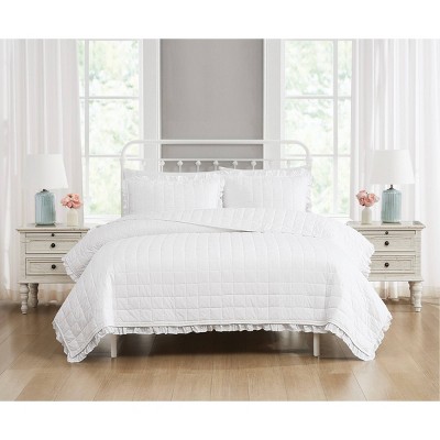 White Cotton Twin Quilt Set with Ruffled Edges