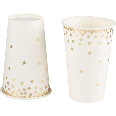 Gold Foil Confetti Design White Disposable Paper Cups, 12 Ounce, 50 Pack
