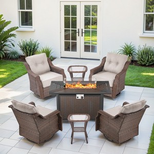 Buenhomino 7-Piece Small Patio Furniture Set, Outdoor Swivel Rocking Chairs Set with 50,000 BTU Fire Pit Table Wicker Chairs - 1 of 4