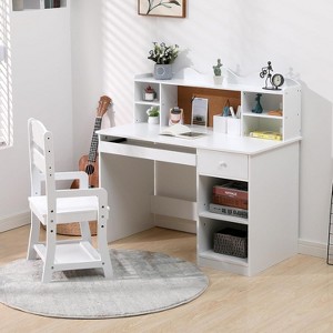 Kids Desk and Chair Set, Wooden Study Table with Storage Shelf, Bulletin Board, Keyboard Stand and Pen Holder, Children School Learning Desk Set - 1 of 4