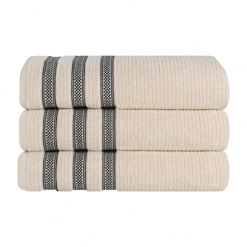 Zero Twist Cotton Ribbed Modern Geometric Border Bath Towel Set of 3 by Blue Nile Mills, 1 of 9
