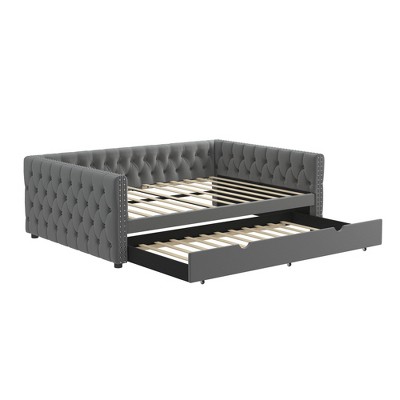 NicBex Full Daybed with Twin Trundle, Velvet Sofa Bed with Tufted Button Back, Upholstered Day Bed with Copper Nail Design