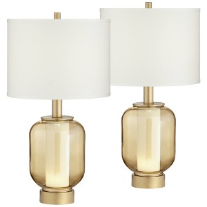 Possini Euro Design Sophia Modern Table Lamps 28" Tall Set of 2 Champagne Glass with LED Nightlight Off White Drum Shade for Bedroom Living Room Home - 1 of 4
