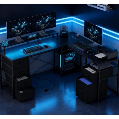 66.1" L-Shaped Reversible Computer Desk with RGB Lights, Wood Grain Surface and Fabric Drawers for Home Office or Gaming Setup -3irtyhousy