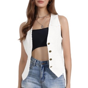 INSPIRE CHIC Women's Denim Sleeveless Collarless Washed Distressed Jean Vest - 1 of 4