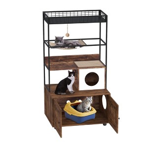 60'' Hidden Litter Box Furniture with Metal Frame Wood Cat Tower Cabinet with Litter Box Enclosure - 1 of 4