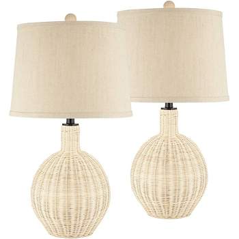 360 Lighting Modern Coastal Table Lamps 27" Tall Set of 2 Light Rattan Oatmeal Tapered Drum Shade Decor for Bedroom Living Room