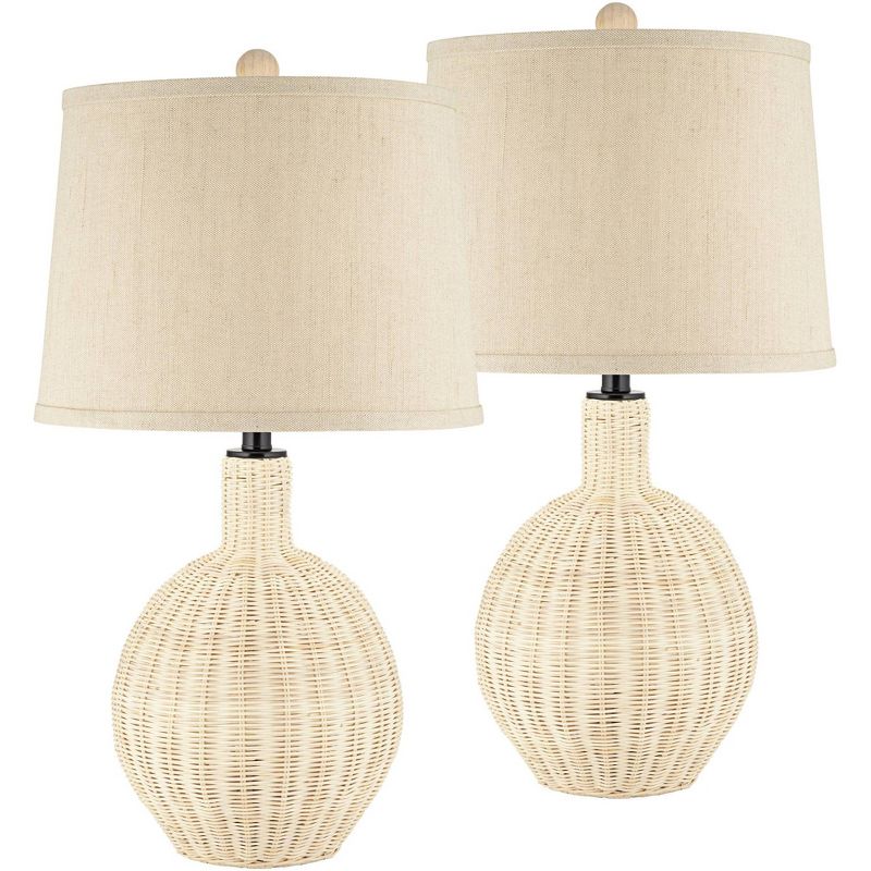 360 Lighting Modern Coastal Table Lamps 27" Tall Set of 2 Light Rattan Oatmeal Tapered Drum Shade Decor for Bedroom Living Room, 1 of 10