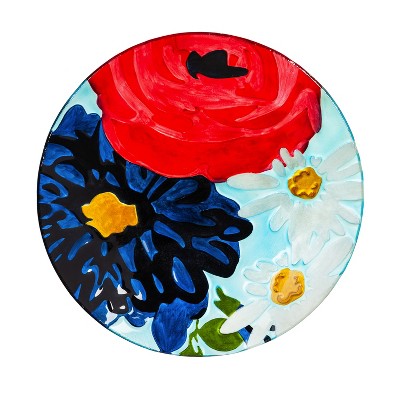 Evergreen 18" Hand Painted Embossed Glass Bird Bath, Red/White/Blue Florals