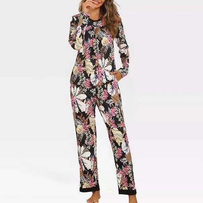 Womens Pajama Sets Round Neck Pajama Tops with Pant Side Pocket Pajama Pants Floral/Leopard Pajamas Long Sleeve Sleepwear