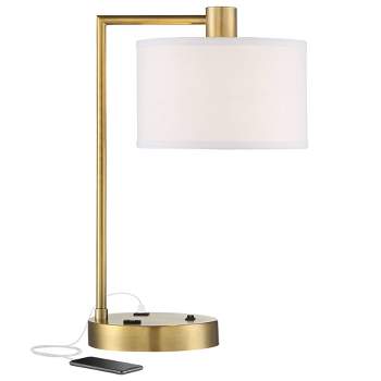 360 Lighting Colby Modern Desk Lamp 21" High Antique Gold with USB and AC Power Outlet in Base White Linen Drum Shade for Bedroom Living Room Desk