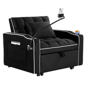TiramisuBest Modern Black Velvet Foldable Sofa Bed, 3-Length Pull-Out Couch with Adjustable Back & USB Port - 1 of 4