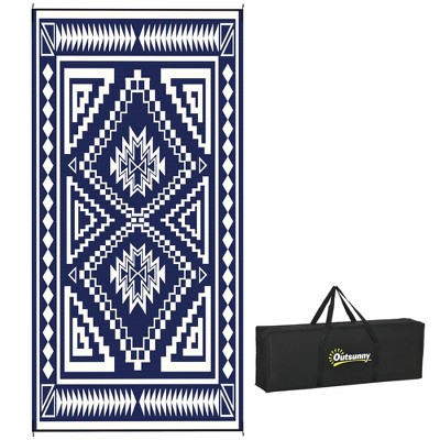 Outsunny Outdoor Patio Rug, Large Camping Carpet with Carrying Bag, 9' x 18' Waterproof Plastic Straw, Reversible, Square Patchwork