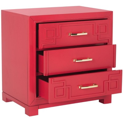 Transitional 3-Drawer Greek Key Nightstand in Polished Red