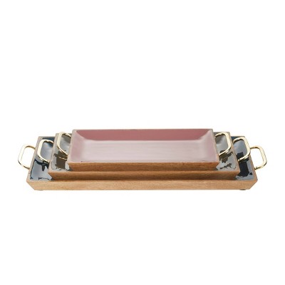 Multi Colored Enamel and Mango Wood Rectangular Tray Set