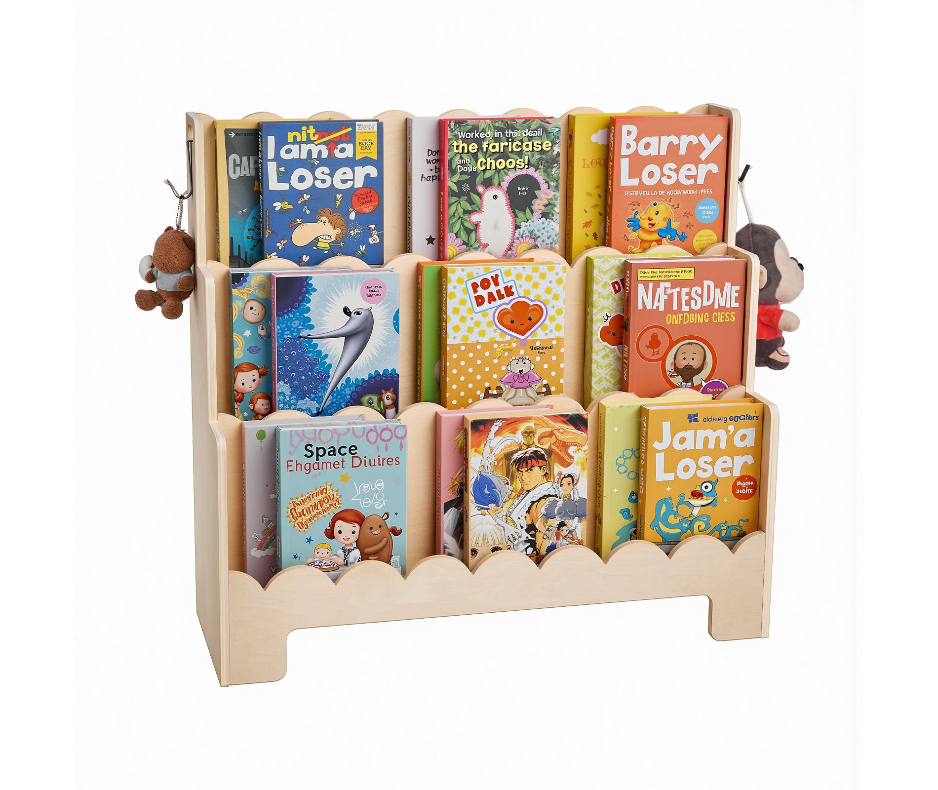 VEVOR Montessori Bookshelf, 3-Tier Scalloped Kids Bookshelf, Front Facing Toddler Bookcase, Dual Hooks for Hanging Backpacks, Baby Bookshelf ,Brown