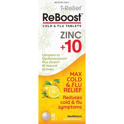 MediNatura Cold, Cough or Flu Treatment T-Relief ReBoost Zinc +10 Cold & Flu Tablet - Lemon 60ct.