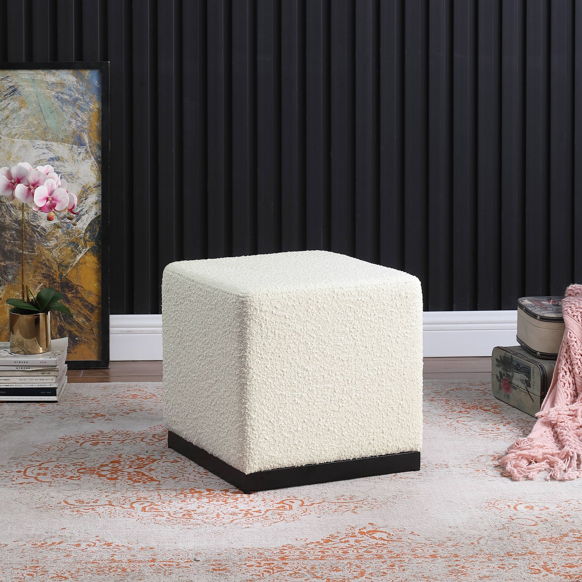 Cube Ottoman Cream Boucle - HomePop: Modern Textured Fabric, Matte Black Base, No Assembly Required