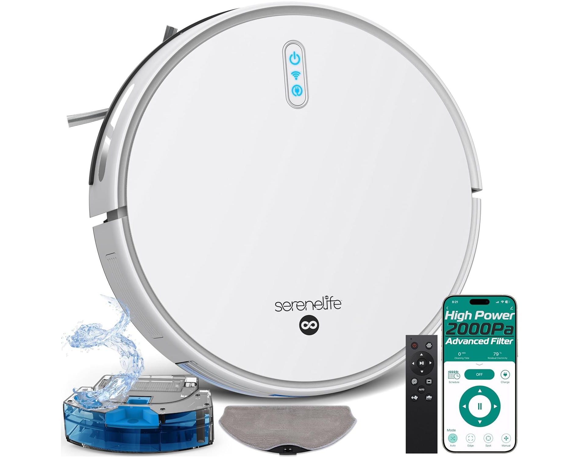 SereneLife Smart Robot Vacuum Cleaner with 2-in-1 Water Tank, App Control, and 4 Cleaning Modes—Ideal for Hardwood, Carpet, Pet Hair (White)