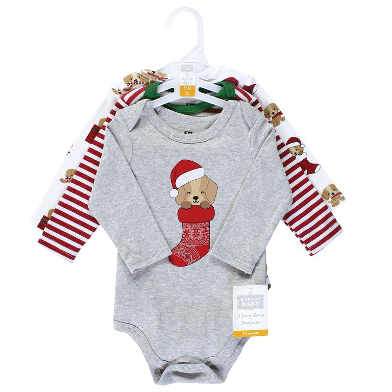 Hudson Baby Unisex Baby Cotton Long-Sleeve Bodysuits, Christmas Dog, 3 of 7