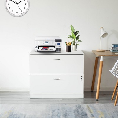 30-Inch White Wooden Lateral File Cabinet with Lockable Drawer