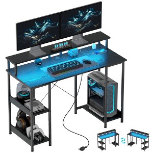 HOMCOM Reversible Computer Desk with Power Outlets and LED Lights, Home Office Desk with Monitor Stand and Storage Shelves - 1 of 4
